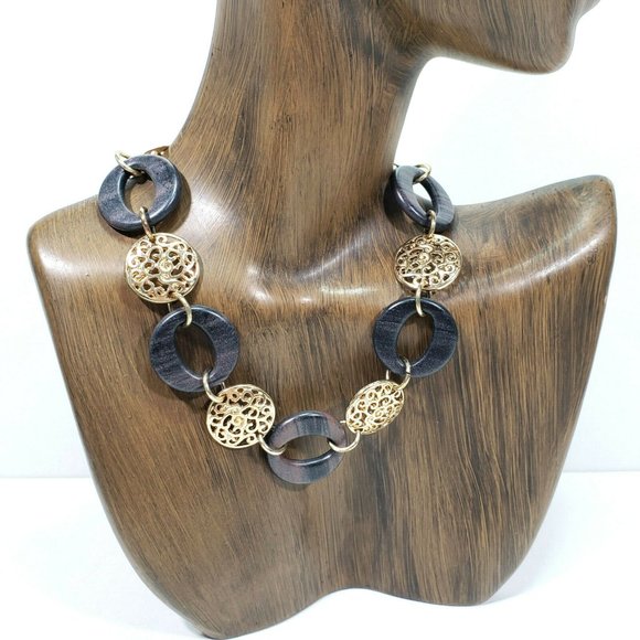 Gold Tone Faux Wood Disks Necklace 30" to 33" - Picture 2 of 8
